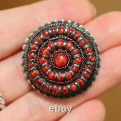 Vintage Genuine Native American Zuni Sterling Silver Large 34mm Coral Brooch Pin