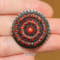 Vintage Genuine Native American Zuni Sterling Silver Large 34mm Coral Brooch Pin