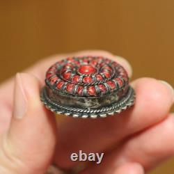Vintage Genuine Native American Zuni Sterling Silver Large 34mm Coral Brooch Pin
