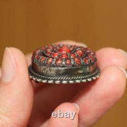 Vintage Genuine Native American Zuni Sterling Silver Large 34mm Coral Brooch Pin