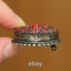 Vintage Genuine Native American Zuni Sterling Silver Large 34mm Coral Brooch Pin