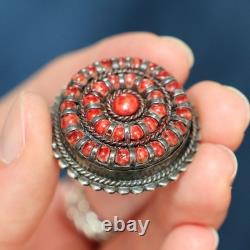 Vintage Genuine Native American Zuni Sterling Silver Large 34mm Coral Brooch Pin
