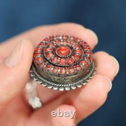 Vintage Genuine Native American Zuni Sterling Silver Large 34mm Coral Brooch Pin