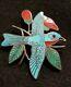 Vintage H. M. Coonsis Zuni Sterling Silver Turqoise & Coral Bird Pin Brooche Zuni