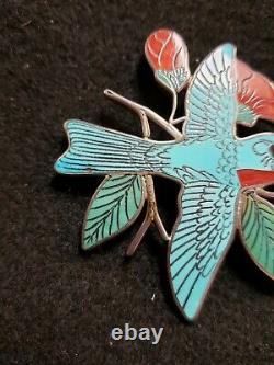 Vintage H. M. Coonsis Zuni Sterling Silver Turqoise & Coral Bird Pin Brooche Zuni