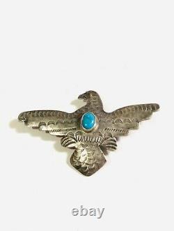 Vintage Handmade Native American Turquoise Thunderbird Stamped Pin