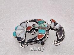 Vintage Handmade Zuni Inlay Thunderbird Multi Stone Pin Brooch Turquoise