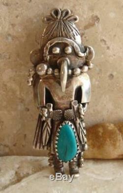 Vintage Hopi Navajo Sterling Silver Turquoise Warrior Kachina Pendant Pin Signed