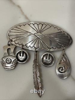 Vintage Hopi Silver Overlay Pin/Brooch with Charms Signed by Artist K. J