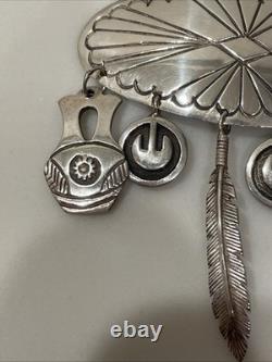 Vintage Hopi Silver Overlay Pin/Brooch with Charms Signed by Artist K. J