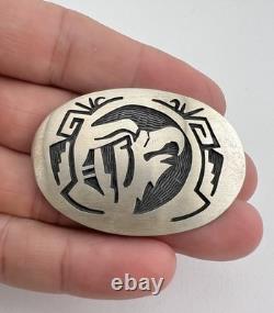 Vintage Hopi Sterling Silver Eagle Tribal Overlay Oval Pin Brooch 2