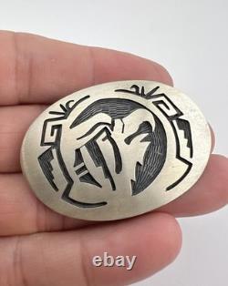 Vintage Hopi Sterling Silver Eagle Tribal Overlay Oval Pin Brooch 2