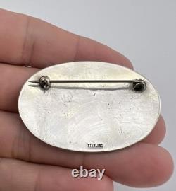 Vintage Hopi Sterling Silver Eagle Tribal Overlay Oval Pin Brooch 2