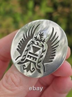 Vintage Hopi Steven Sockyma Overlay Crow Mother Sterling Silver/brass Brooch Pin