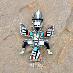 Vintage Inlaid Zuni Knifewing Sterling Pin Signed 3 1/2 inches Signed