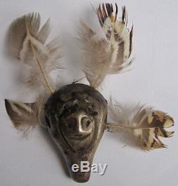 Vintage Inuit Yup'ik Indian Silver & Feathers Mask Pin Brooch