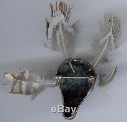 Vintage Inuit Yup'ik Indian Silver & Feathers Mask Pin Brooch