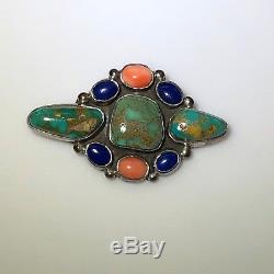 Vintage J. B. Platero Navajo Silver Brooch with Turquoise Lapis & Spiny-Oyster