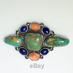 Vintage J. B. Platero Navajo Silver Brooch with Turquoise Lapis & Spiny-Oyster