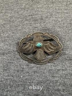 Vintage JSS Signed Turquoise Thunderbird Oval Brooch, 1.5in Long