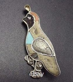 Vintage JUNE QUALO Zuni Sterling Silver & Multi-Stone Inlay QUAIL PIN Brooch