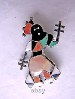 Vintage Kachina Dancer Brooch Sterling Silver Pin Inlay Onyx Turquoise MOP Coral