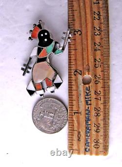 Vintage Kachina Dancer Brooch Sterling Silver Pin Inlay Onyx Turquoise MOP Coral