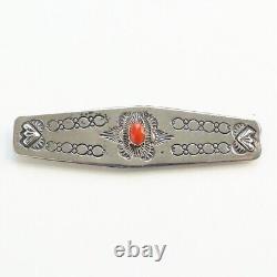 Vintage LS Navajo Stamped Sterling Silver Coral Long Bar Brooch Pin Signed 3