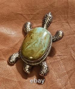 Vintage Large Handcrafted Navajo Sterling Turquoise Turtle Brooch Pin Pendant