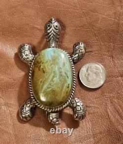 Vintage Large Handcrafted Navajo Sterling Turquoise Turtle Brooch Pin Pendant