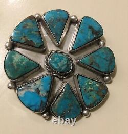 Vintage Large Navajo Sterling Silver Cluster Morenci Turquoise Brooch Pin