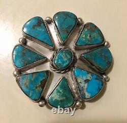 Vintage Large Navajo Sterling Silver Cluster Morenci Turquoise Brooch Pin