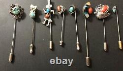 Vintage Mostly Navajo Sterling Silver Turquoise Coral Stick Pins Lot