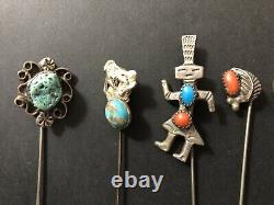 Vintage Mostly Navajo Sterling Silver Turquoise Coral Stick Pins Lot