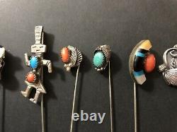 Vintage Mostly Navajo Sterling Silver Turquoise Coral Stick Pins Lot