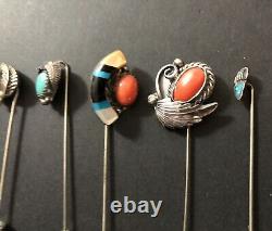 Vintage Mostly Navajo Sterling Silver Turquoise Coral Stick Pins Lot