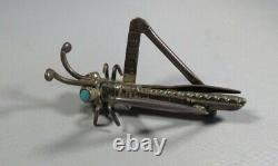 Vintage NAVAJO GRASSHOPPER Brooch Pin Stamped Sterling Silver turquoise eyes