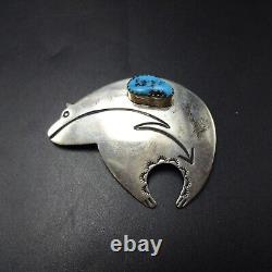 Vintage NAVAJO Hand Stamped Sterling Silver TURQUOISE BEAR FETISH PIN/PENDANT