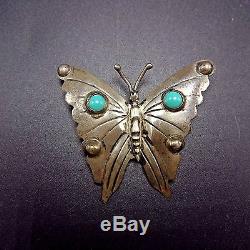 Vintage NAVAJO Hand Stamped Sterling Silver & Turquoise BUTTERFLY PIN/BROOCH