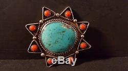 Vintage NAVAJO RARE Large 8 Pointed Star Turquoise & Coral Brooch/ Pin 2 1/4