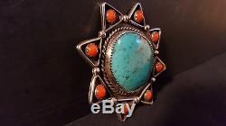 Vintage NAVAJO RARE Large 8 Pointed Star Turquoise & Coral Brooch/ Pin 2 1/4