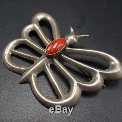 Vintage NAVAJO Sand Cast Sterling Silver & CORAL Butterfly PIN/BROOCH