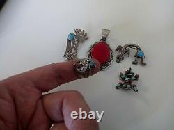 Vintage NAVAJO Sterling Ring Pins Pendants Turquoise Coral Kokopelli Lot