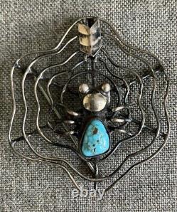 Vintage NAVAJO TURQUOISE Spider Sterling Silver SPIDERWEB Pin Brooch