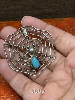 Vintage NAVAJO TURQUOISE Spider Sterling Silver SPIDERWEB Pin Brooch