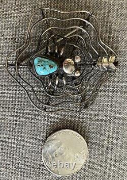 Vintage NAVAJO TURQUOISE Spider Sterling Silver SPIDERWEB Pin Brooch