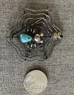 Vintage NAVAJO TURQUOISE Spider Sterling Silver SPIDERWEB Pin Brooch