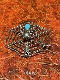 Vintage NAVAJO TURQUOISE Spider Sterling Silver SPIDERWEB Pin Brooch