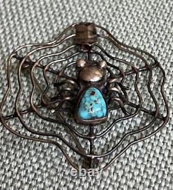 Vintage NAVAJO TURQUOISE Spider Sterling Silver SPIDERWEB Pin Brooch