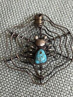 Vintage NAVAJO TURQUOISE Spider Sterling Silver SPIDERWEB Pin Brooch